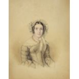 Victorian School, Portrait study of a lady in a bonnet, watercolour,