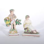 A Staffordshire bocage figure, of Putto holding a flower basket, restored, 12cm and a Walton type