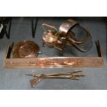 A copper fender, kettle, trivet, coal hod, fire iron, Turkish hot water bottle.