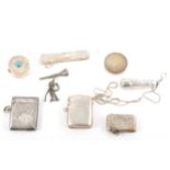 Three hallmarked silver vesta cases, cheroot holder, pencil holder, fob, two pill boxes.