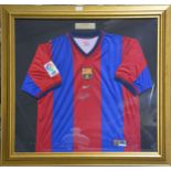 Football Interest: Barcelona shirt, signed Rivaldo, glazed and framed.