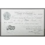 Bank of England K.O Peppiatt White Five Pound Note October 10th 1945