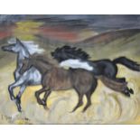 Mette Gauguin, Grey Stallion and two mares, signed and titled, mixed media,