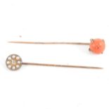 Two stick pins - coral and diamond and seed pearl.
