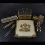 Empire style gilt metal mounted glass desk set