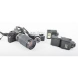 Olympus OM4 SLR camera with Tamron 200mm lens etc