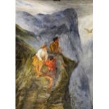 Robert Carrick, Three boys on an outcrop, signed, watercolour, 57cm x 47cm.