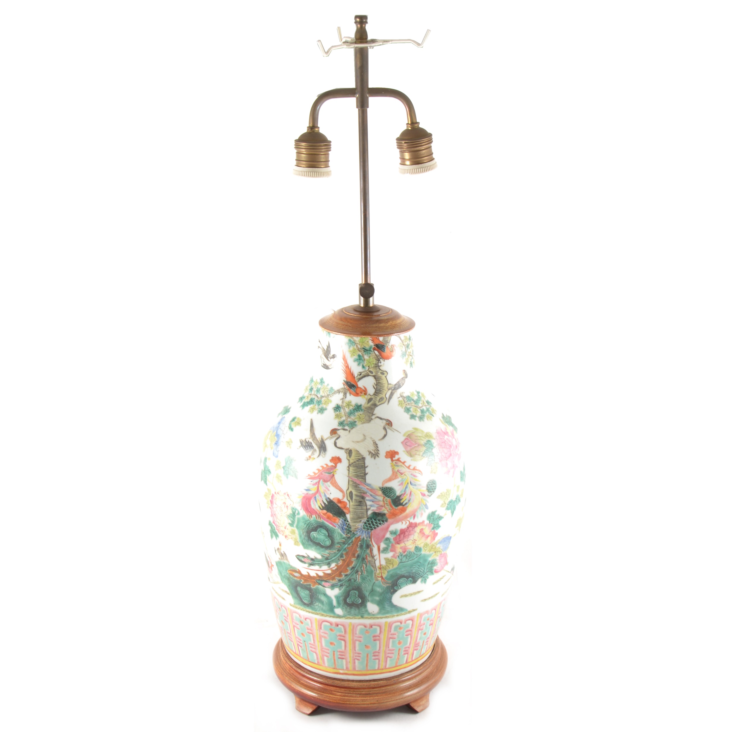 A Chinese polychrome vase, reduced in height, serving as a lamp base, 39cm