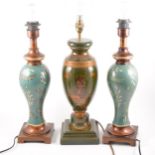 A painted chinoiserie style table lamp, 41cm; and a pair of vase shape pain