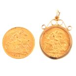 Two Gold Half Sovereigns, Edward VII, 1910, George V, 1914 in a scroll top