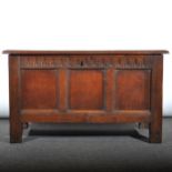 Joined oak coffer, 18th Century, rectangular boarded hinged lid, with a mou