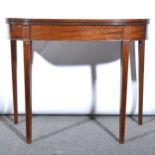 George III mahogany card table, D-shape foldover top, baize lined interior,