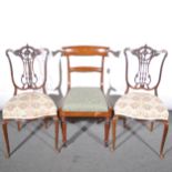 A pair of Edwardian mahogany salon chairs, slender cabriole legs; and anoth