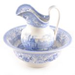 A blue and white transfer printed jug and bowl set.