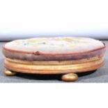 A gilt wood circular footstool, beaded and gros point upholstery, 39cm diam