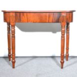 A Victorian mahogany side table, D-shape top, turned supports, width 92cm,