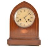 Edwardian inlaid mahogany lancet-shape mantel clock, cream coloured enamell