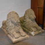 Two garden lion sculptures, recumbent pose, width 80cm, depth 34cm, height