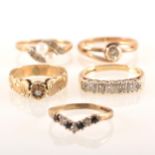 Five gemset rings, two illusion set diamond solitaires in 9 carat gold moun