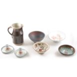A small collection of studio ceramics, including stoneware jug, 19cm, porce