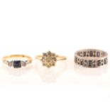 Three gemset rings, two small diamonds illusion set and a square cut blue s