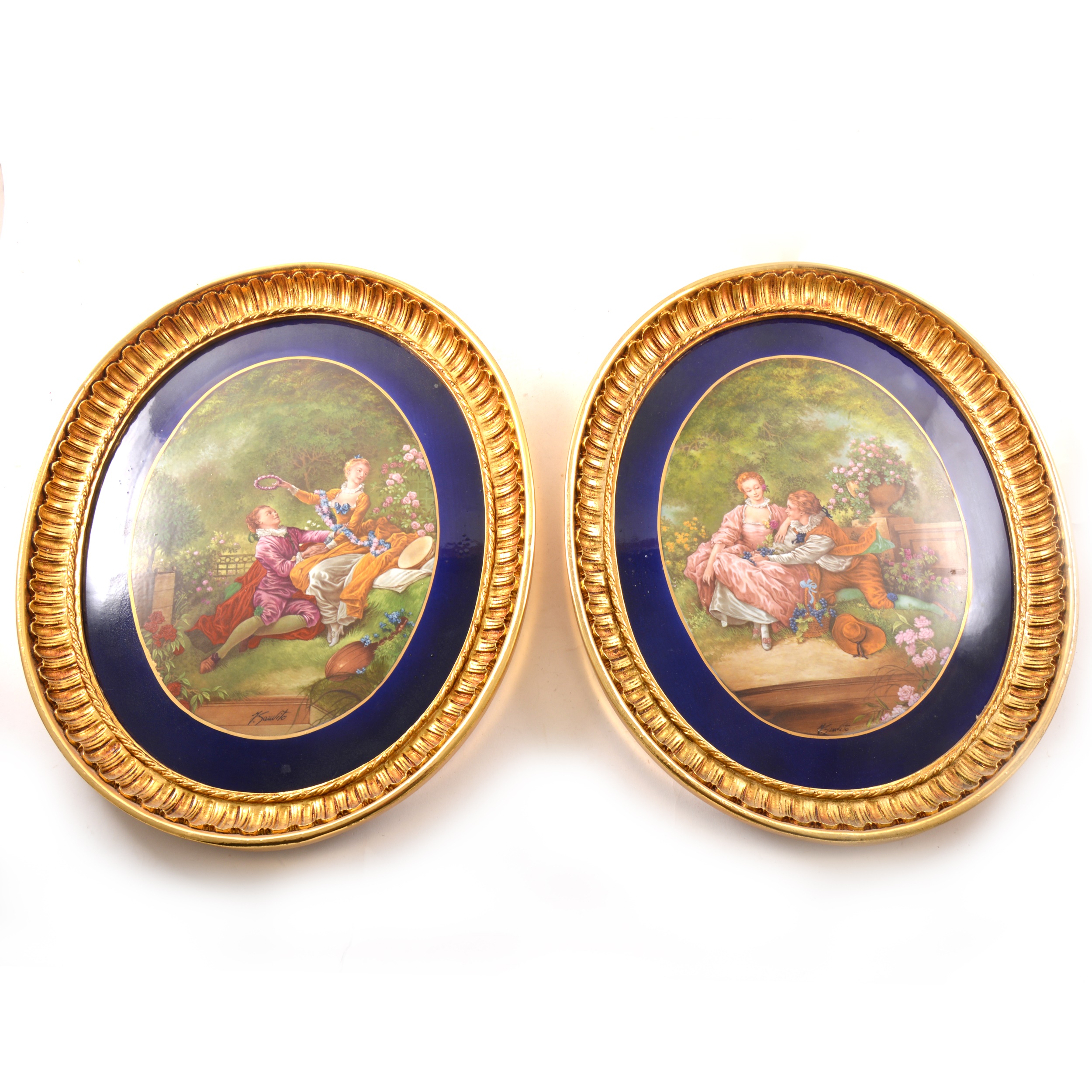 A pair of Sevres inspired oval porcelain plaques, Tiche, modern, printed de