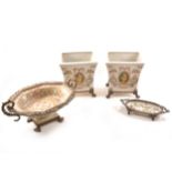 Reproduction brass-mounted stoneware jardiniere, 33cm; a pair of reproducti