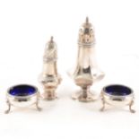 A pair George III circular silver salts, marks rubbed, raised on three pad