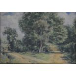 Roger Corfe, a country landscape with green lane and field gate, signed and