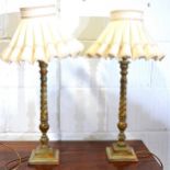 A pair of reproduction table lamps, spiral twist columns, patinated metal s