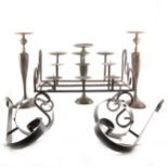 Wrought iron three-tier candle stand, width 40cm; a pair of wrought iron wa