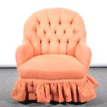 A Victorian upholstered bedroom chair, pink buttoned cotton upholstery, wid