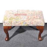 Contemporary stained beechwood footstool, London map upholstery, cabriole l