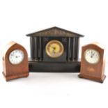 Edwardian yew wood and mahogany lancet-shape mantel clock, white enamelled