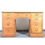 Victorian ash desk, adapted, rectangular top, twin pedestals fitted with ni