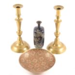 A pair of brass candlesticks, 27cm; cloisonne vase (damaged) and assorted m