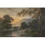 Circle of John Laporte, Horseman and a cart fording a river, watercolour, 1