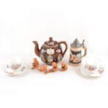 A box of assorted ceramics, including a bargeware teapot, 'A Present from a