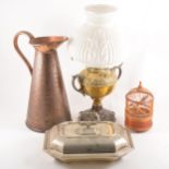 Cast metal oil lamp, brass reservoir, opaque shade damaged, 2cm; brass and