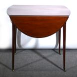 George III style inlaid mahogany Pembroke table, oval top, fitted with an e