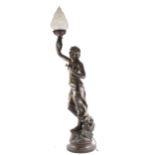 An Art Nouveau figural lamp, after Julien Caussé, cast patinated spelter, r