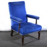 A Victorian easy chair, turned fluted walnut frame, blue upholstery, width