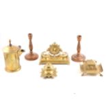 A cast brass desk stand, with twin inkwells, width 21cm; two other brass in