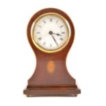 An Edwardian inlaid mahogany balloon-shape mantel clock, white enamelled di