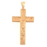 A 9 carat yellow gold cross and chain, the 35mm x 20mm cross having an engr