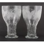 A pair of oversized cut glass goblet-shaped vases, circa 1900, the bowls wi