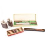 A pair of modern hip flasks in a hide case, plated cutlery, carving set, xy