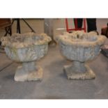 Two garden urns, shallow acanthus leaf design, reconstituted stone, diam 42