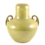 Staffordshire earthenware green glazed covered vase, Soho Pottery Limited,