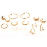 A collection of gold earrings for pierced ears, 9 carat yellow gold creole